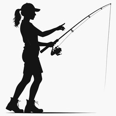 A silhouetted figure of an active young person with a fishing rod ready to cast