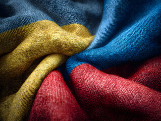 Fototapeta premium Close-up fabric textures of Ukrainian and Russian flags seamlessly transition in a patriotic, looping animation.