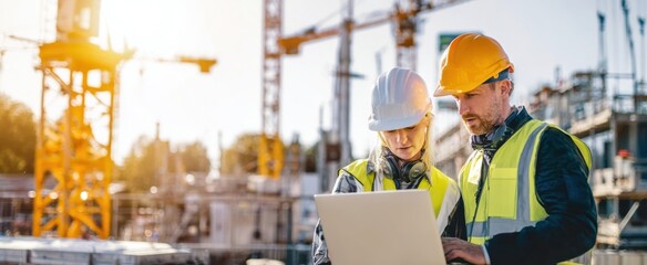 The construction professionals collaborating on a project using a laptop outdoors.