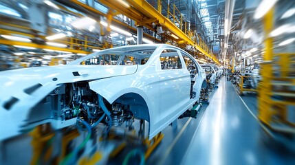 Automotive manufacturing process showing assembled car bodies on production line in modern factory, industrial setting