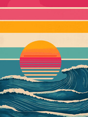 Retro sunset over ocean waves with bold colorful stripes vintage beach aesthetic illustration in pop art style