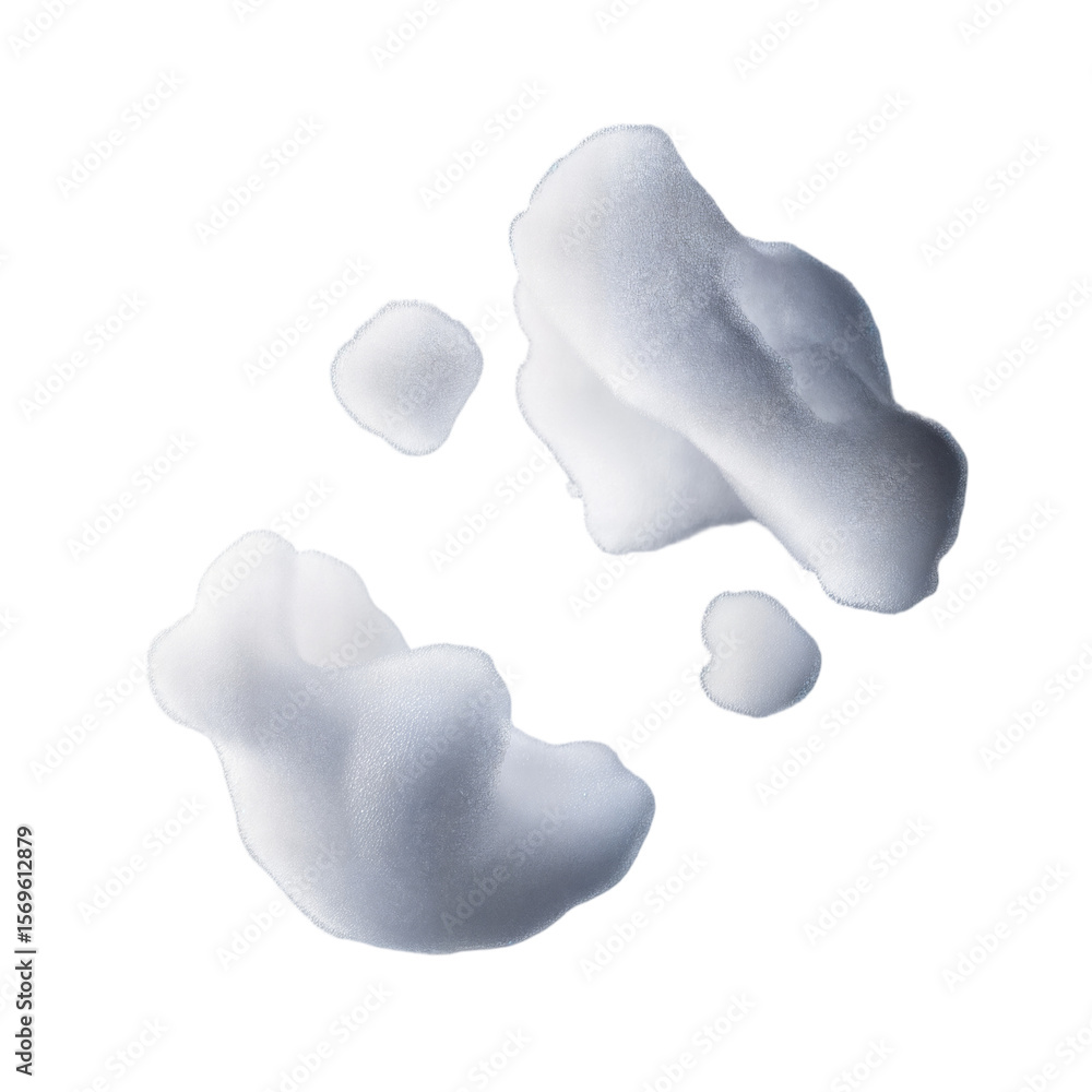 Poster white foam blobs on a transparent background. the foam has various shapes and sizes, creating an abs