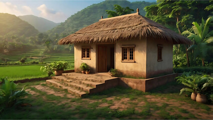 Traditional Mud House in a village surrounded by mountains & trees, home made of straw roof & cow dung by the natives