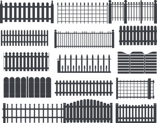 Set of decorative fence illustrations, metal and wooden gate vector collection, garden boundary, privacy security, property design elements, silhouettes