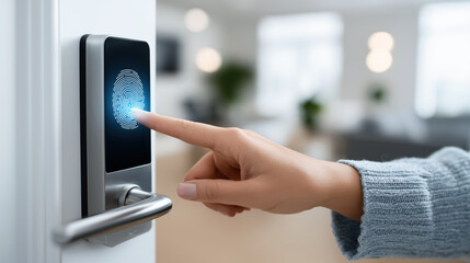 High-Tech Smart Lock with Fingerprint Scanner in Modern Home Interior, Enhancing Security and Convenience for Homeowners