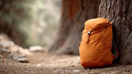 Orange backpack leaning against a tree trunk in a campground setting captures the essence of summer travel and the thrill of outdoor adventures in nature's embrace