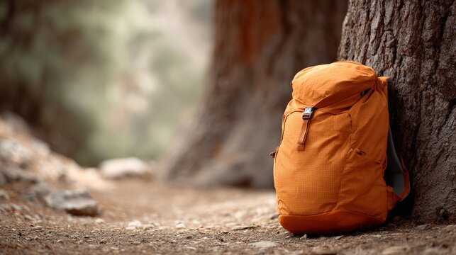 Orange backpack leaning against a tree trunk in a campground setting captures the essence of summer travel and the thrill of outdoor adventures in nature's embrace
