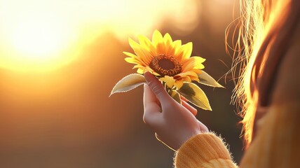 Elegant woman holding a bouquet of sunflowers, golden sunset, 3D illustration