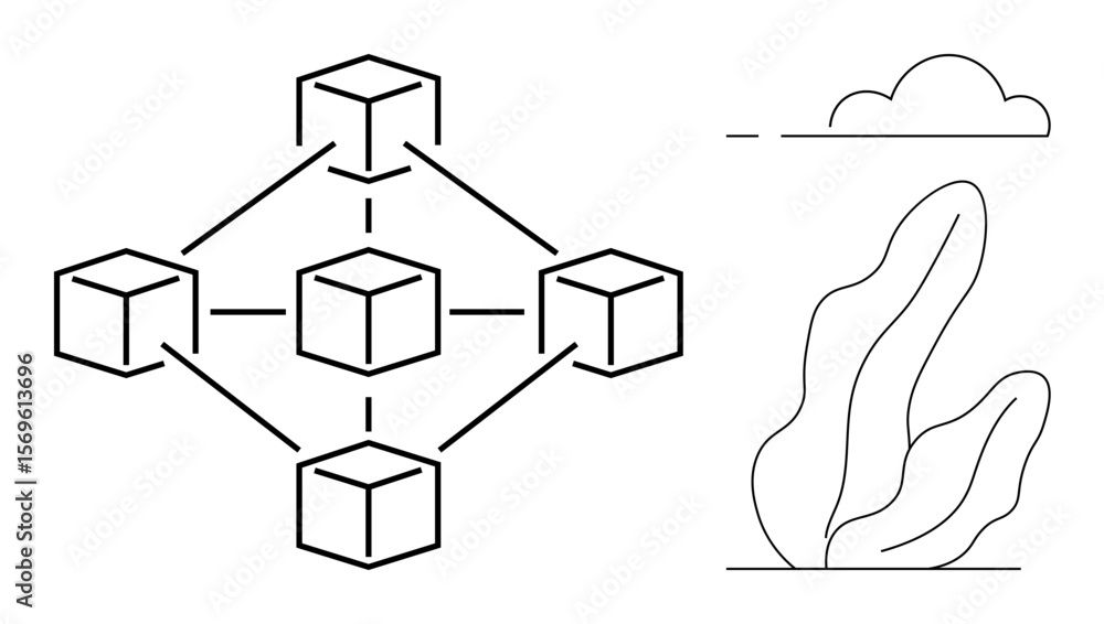 Poster interconnected cubes representing blockchain network, accompanied by abstract vegetation and cloud. 