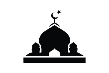 Simple Black Silhouette Icon of a Mosque, Islamic Architecture, Religious Symbol, Crescent Moon and Star, Minimalist Design, Spiritual, Peaceful, Hopeful, Faith, Ramadan, Eid, Muslim Community, Cultur