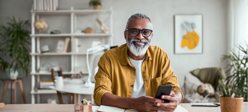 The smiling elderly man using a smartphone in a cozy home office setting.