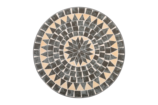 Circular mosaic table top with geometric pattern isolated on transparent background