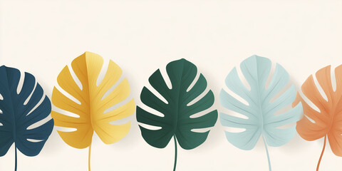 Colorful monstera leaves in various shades arranged in a row against a soft neutral background, showcasing vibrant tropical foliage and natural beauty