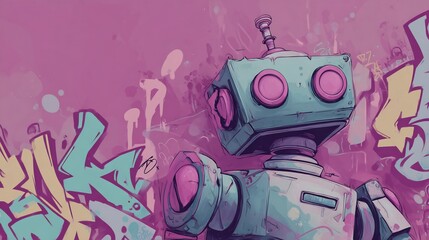 Artistic depiction of a vintage robot with graffiti background in vibrant hues