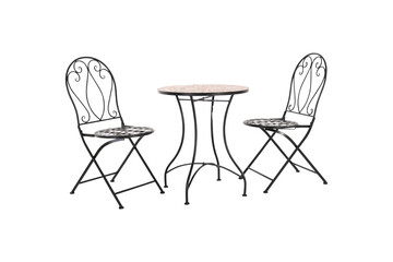Ornate black metal bistro set with mosaic tabletop isolated on transparent background
