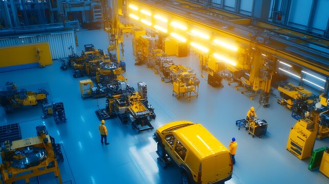Industrial Production Facility with Workers in Yellow Uniforms and Machinery Under Bright Lighting - Powered by Adobe