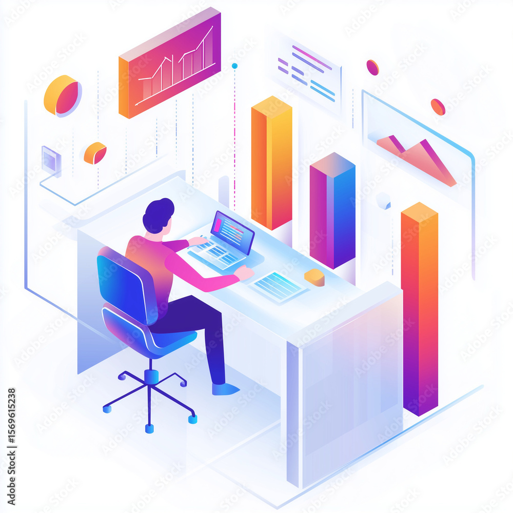 Poster man working on laptop with colorful data graphics in modern office