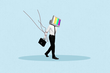 Composite sketch design artwork photo collage of young man body walk computer monitor head virtual...
