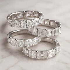 Elegant diamond rings displayed on a marble surface create a luxurious ambiance