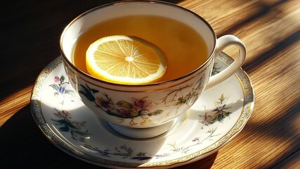 A delicate porcelain teacup filled with warm tea and a slice of lemon. The cup is placed on a matching saucer, with soft sunlight casting gentle shadows. - Powered by Adobe