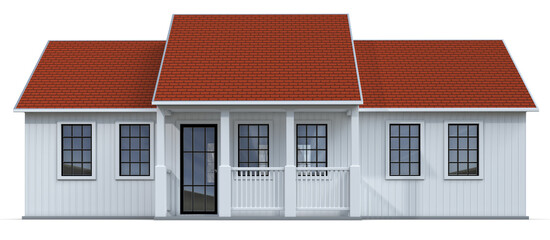 Front view of white small cottage with porch and amber roof. 3d illustration transparent background