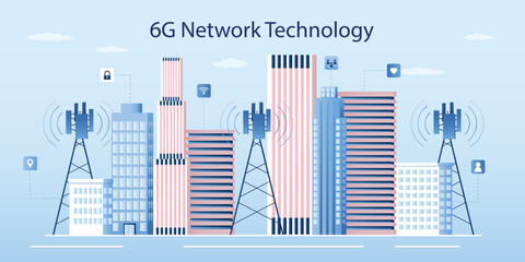 6g base station in smart city. Mobile data towers as innovative technology, telecommunication antennas and signal, cellular equipment. 6g technology and communication concept.