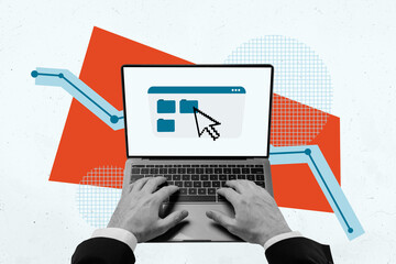 Image full pop trend collage of hands type laptop keypad programming webpage folder it-specialist...