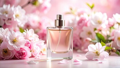 Elegant Perfume Bottle Mockup Surrounded By Pink And White Floral Elements On A Soft Pink Background