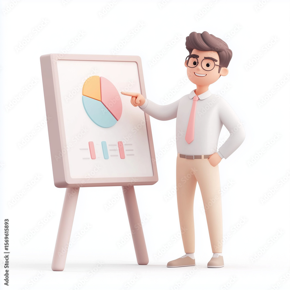 Poster young man pointing at presentation chart on easel in office setting