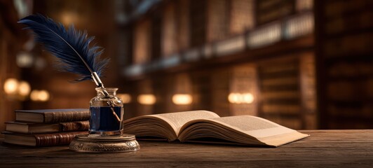 The vintage quill and ink in an enchanting library setting
