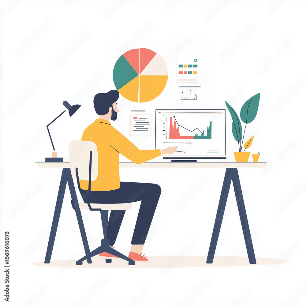 Poster man working on graphs and charts at desk with lamp and plant