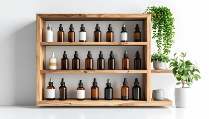 Essential Oil Bottles Arranged on Wooden Shelf Against White Backdrop with Green Plants
