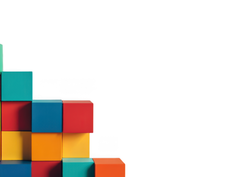 Colorful building blocks arranged in a stair step pattern creating a geometric composition isolated on transparent background
