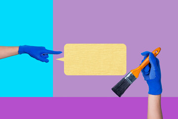 Banner full image art collage of hand show bubble communication icon speech conversation talk...