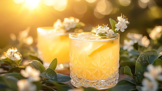Lemon myrtle lemonade leaves and blossoms soft sunset lighting to highlight delicate flowers and refreshing lemonade 50mm lens garden at sunset
