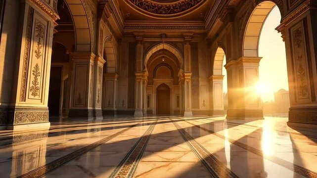 Wide angle static shot of the empty prayer hall at dawn, light gradually revealing textures on marble floors, arabesque walls,