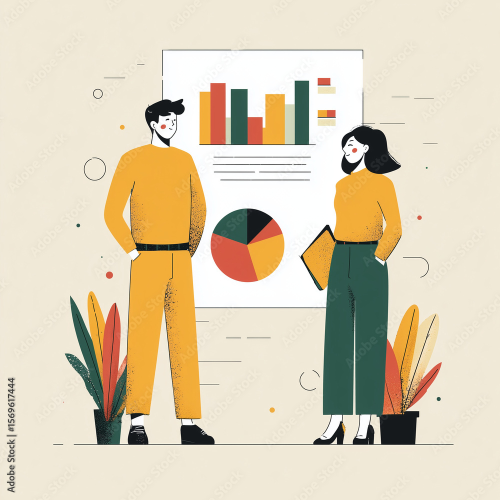 Poster business team discussing data charts in modern office setting