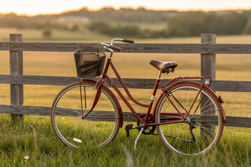 Naklejka premium A vintage bicycle leans against a wooden fence in a grassy field at sunset
