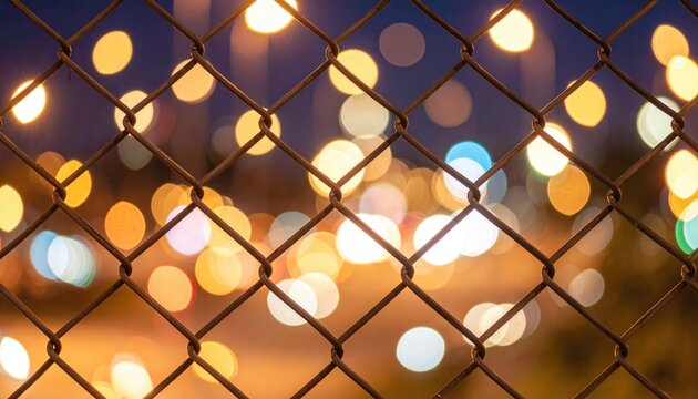 Blurred City Lights Through a Chain Link Fence at Night, Creating a Dreamy Urban Atmosphere