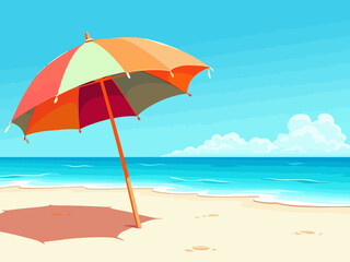 Tropical beach with colorful umbrella on white sandy shore 