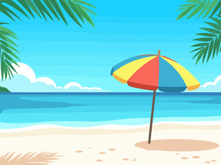 Tropical beach with colorful umbrella on white sandy shore 