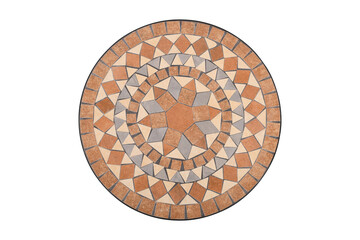 Circular mosaic table top with geometric pattern in terracotta and grey isolated on transparent...