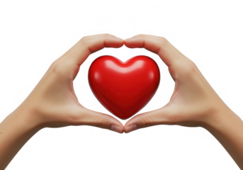 Two hands forming a heart shape around a red heart isolated on transparent background
