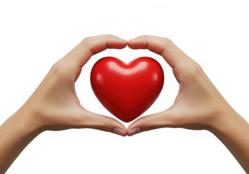 Two hands forming a heart shape around a red heart isolated on transparent background