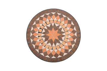 Round mosaic table top with starburst pattern in earthy tones isolated on transparent background