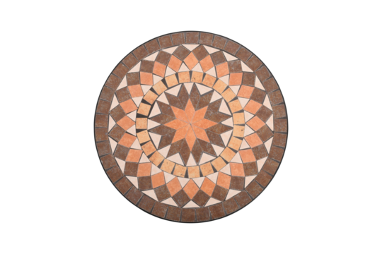 Round mosaic table top with starburst pattern in earthy tones isolated on transparent background