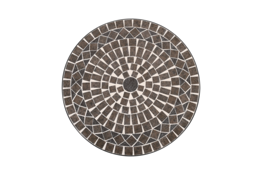 Circular mosaic tabletop with dark brown and white tiles isolated on transparent background - Powered by Adobe