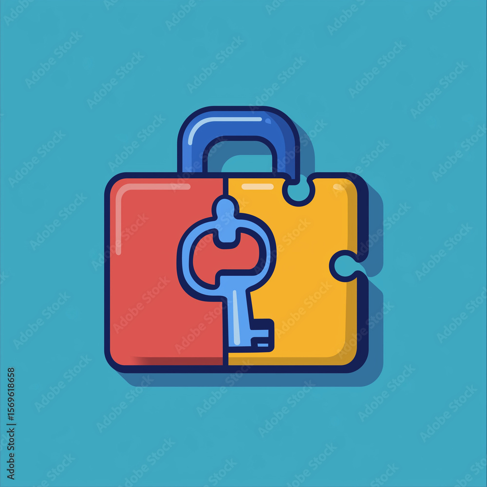 Aufkleber puzzle lock with key on blue background in flat design style