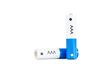 Two AAA alkaline batteries used for electronic devices. A concept for power, energy, and...
