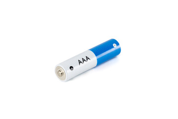 A single AAA alkaline battery, an object providing power and energy to electronics. A source of electricity, isolated on white background with clipping path.